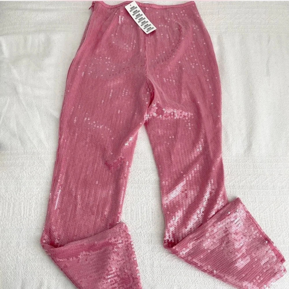Urban Outfitters Pink sequin beaded trouser pants with flared leg and bow